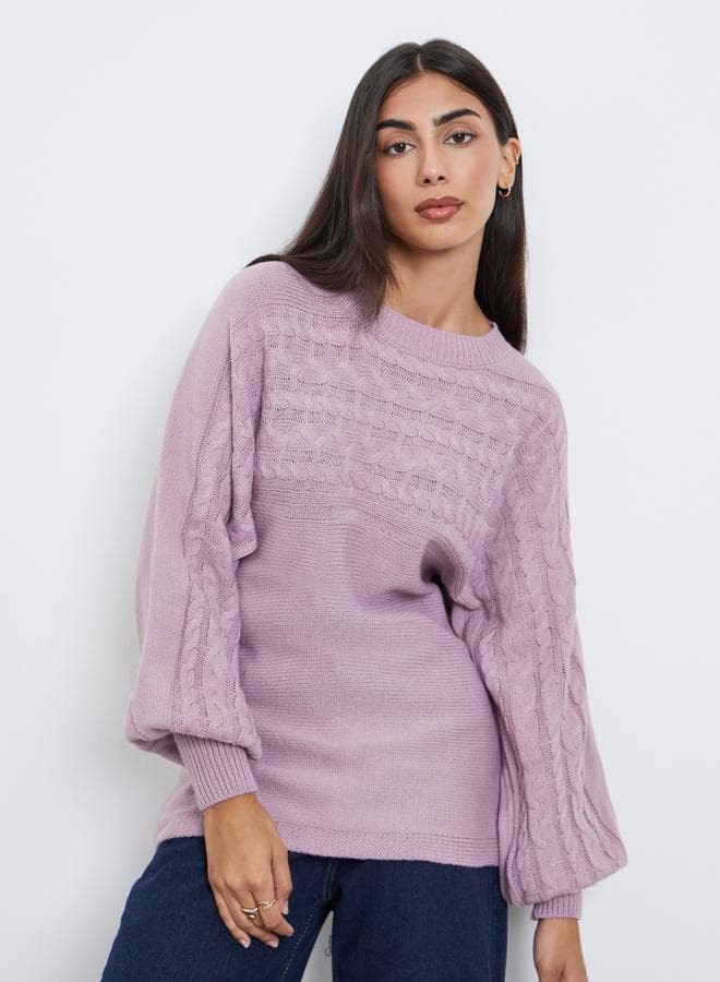 Styli Lilac Balloon Sleeve Cable Knit Sweater - Image 1