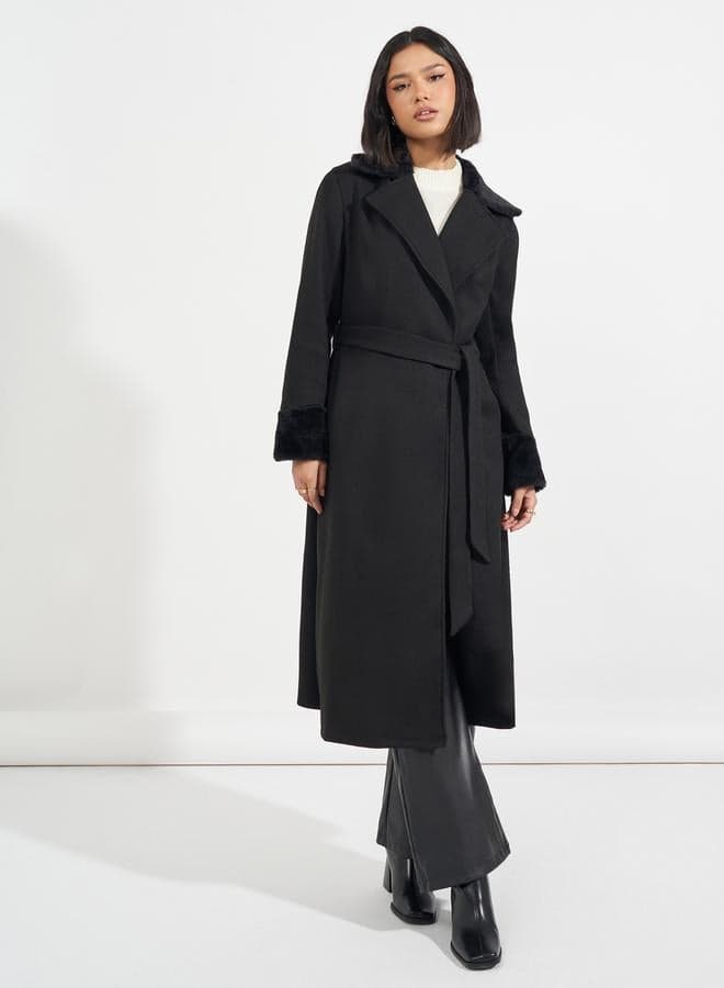 Regular Fit Midi Wool-Like Belted Coat with Faux Fur Detail - Image 1