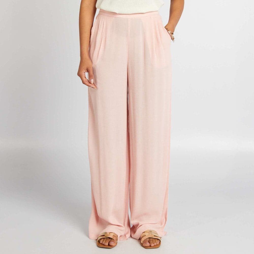 Pink Crepe Knit Wide-Leg Trousers - Image 1