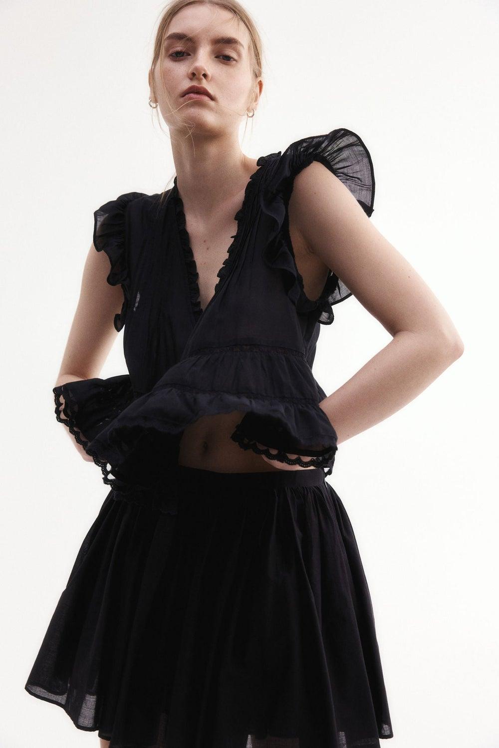 Pintucked Sheer V-Neck Blouse with Lace Insets - Image 1