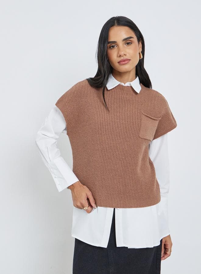 Styli Brown Knit Vest Top With Pocket - Image 1