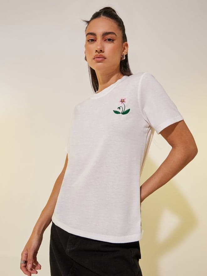 Take Two Embroidered Flower Round Neck T-Shirt - Image 1