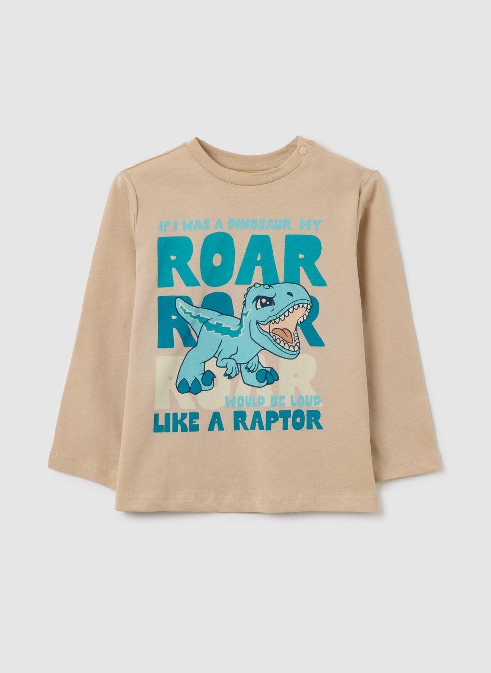 Beige Cotton Long Sleeve Dinosaur Top for Kids - Image 1