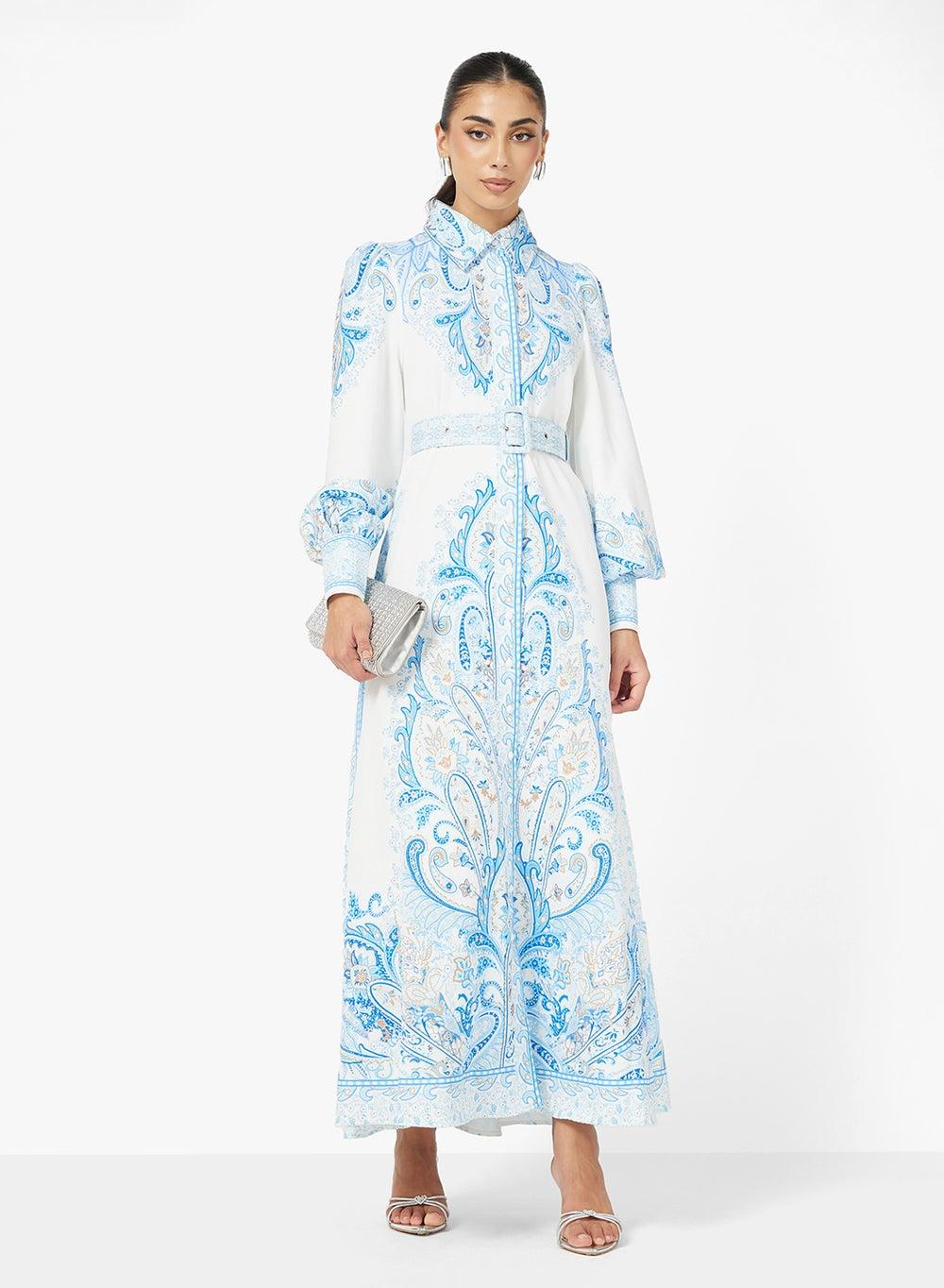 White Maxi Dress with Blue Intricate Print - Image 1
