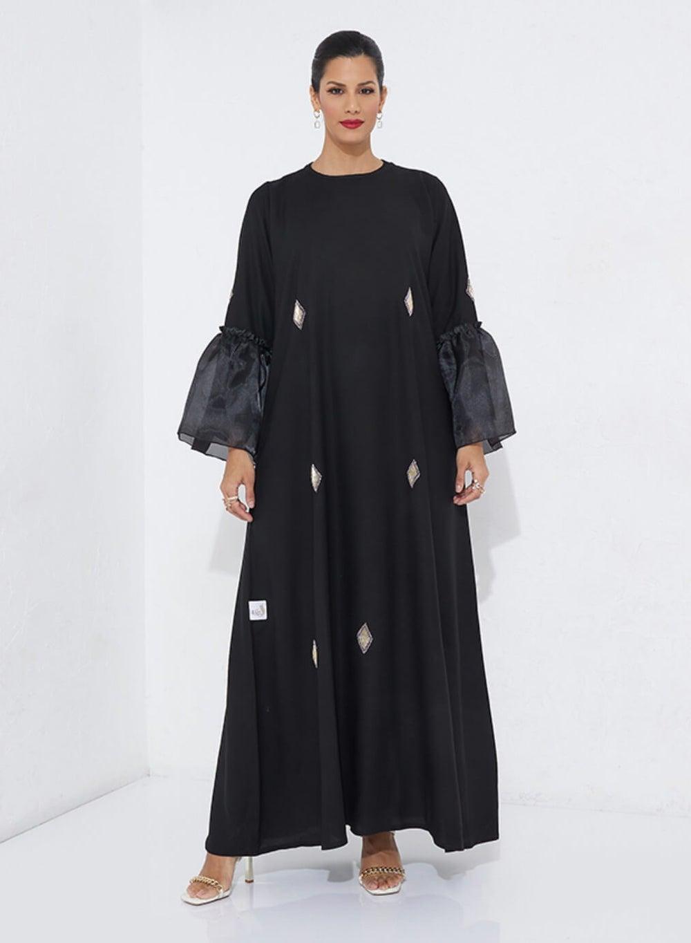 QG Black Hand-Embroidered Abaya with Organza Sleeves - Image 1