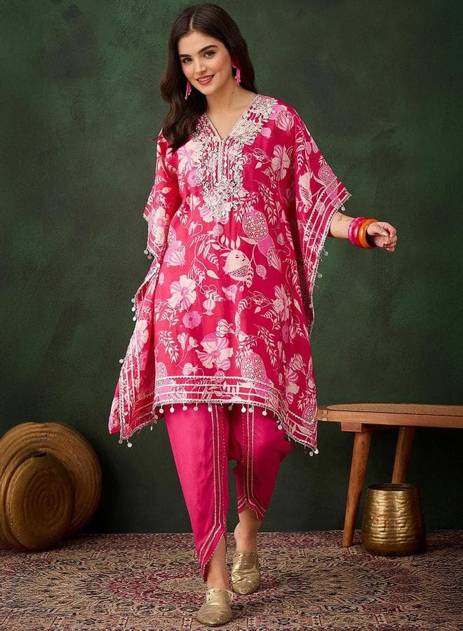 Pink Chanderi Embellished Tunic Top and Palazzo Kurta Set - Image 1
