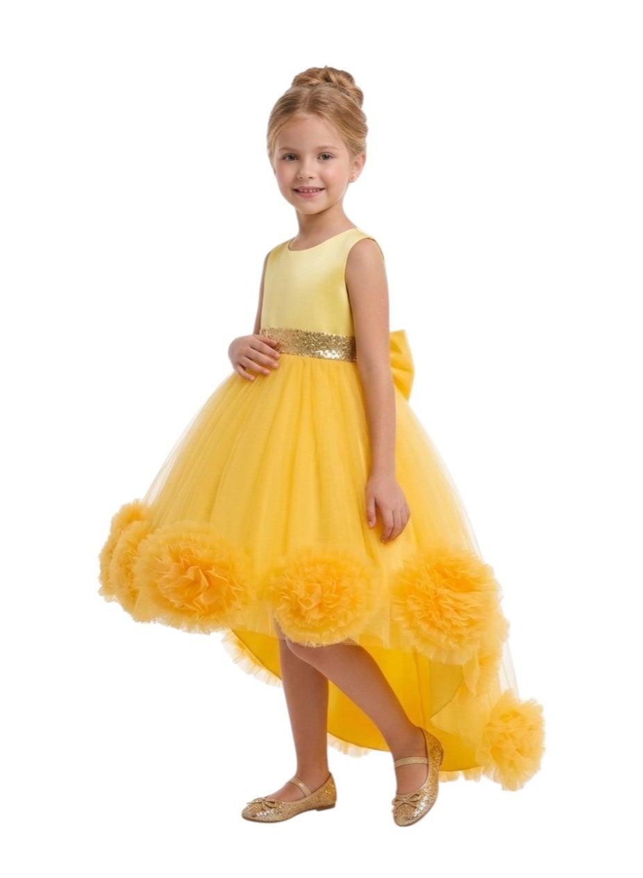 Yellow Floral Tulle Girls Dress with Sequined Waist - Image 1