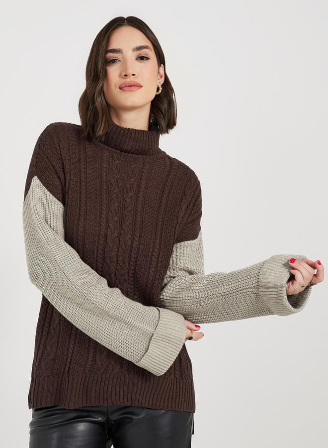 Oversized Cable Knit Colorblock Jumper with Tuck Knit Sleeve - Image 1