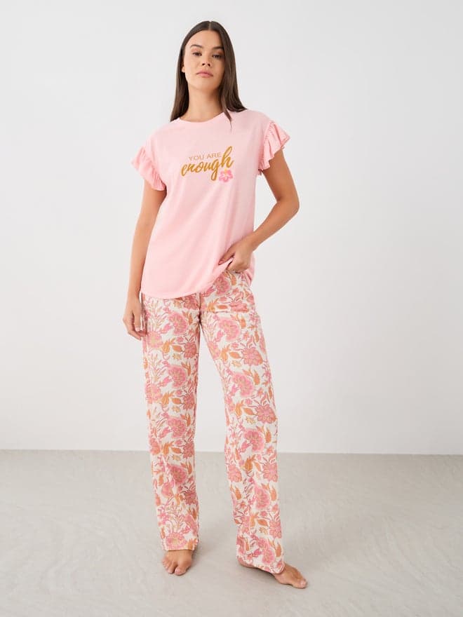 You Are Enough Slogan Floral Print Pyjama Set - Image 1