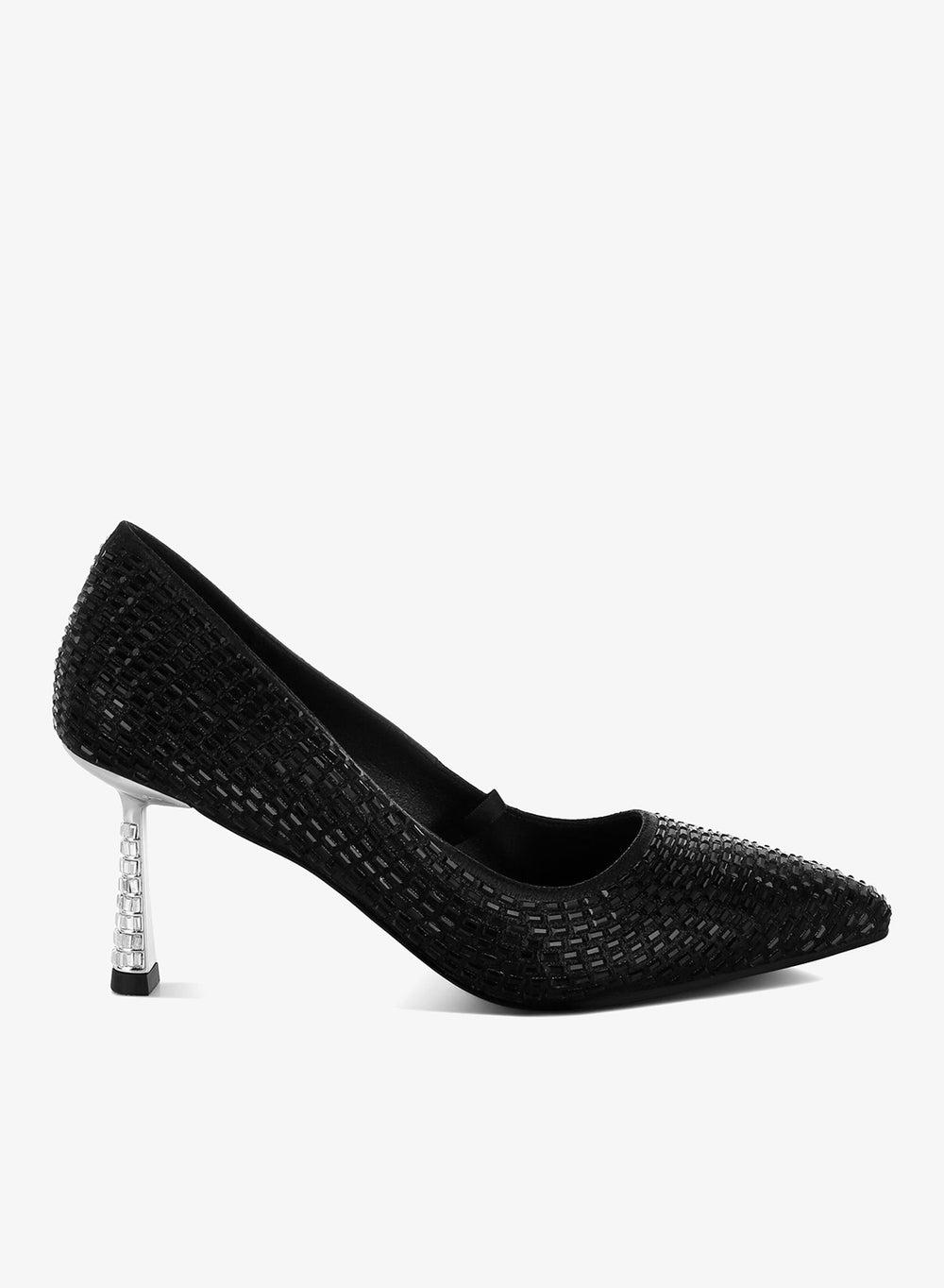 Black Rhinestone Embellished Pointed Toe Pumps - Image 1