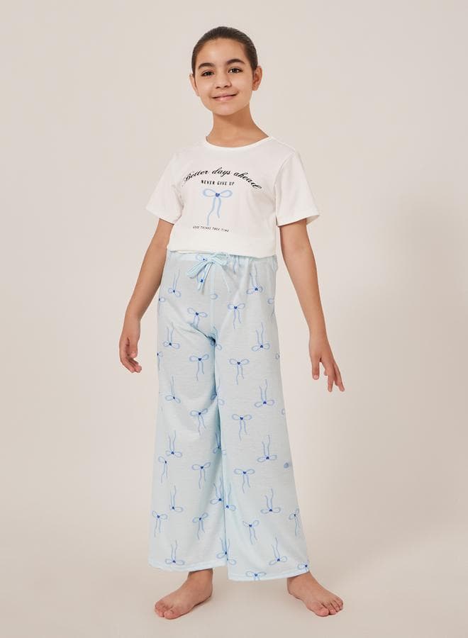 Bow Print Short Sleeve Girls Pyjama Set - Image 1