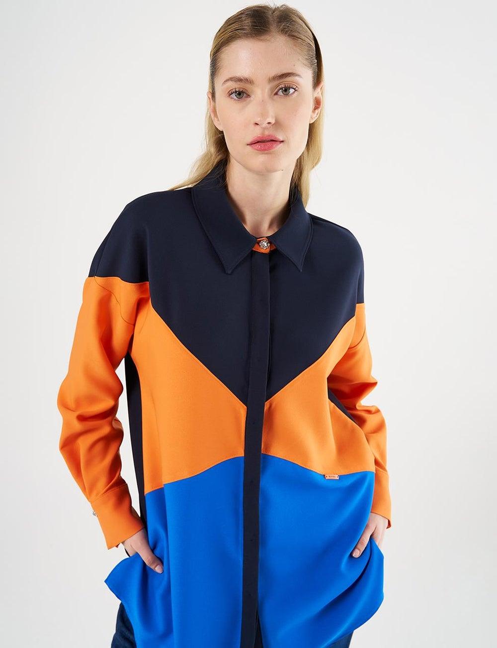 Color-Blocked Dark Navy Tunic with Pleated Cuffs - Image 1