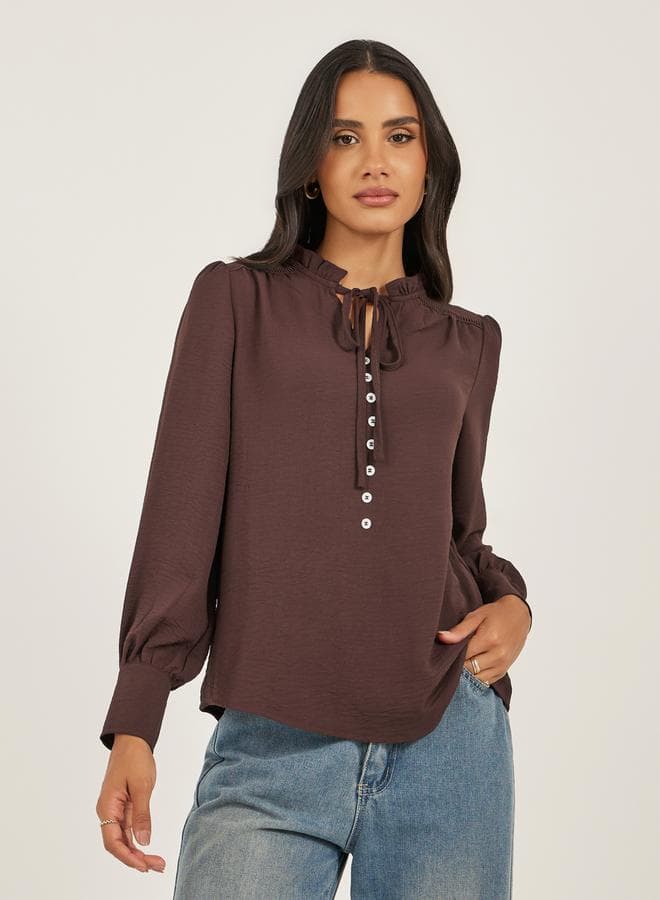 Ruffled Tie-Up Neck Balloon Sleeve Blouse - Image 1