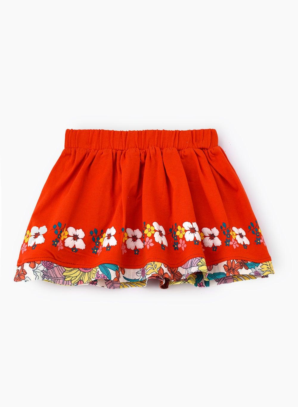 Vibrant Orange Floral Cotton-Elastane Girls' Skirt - Image 1