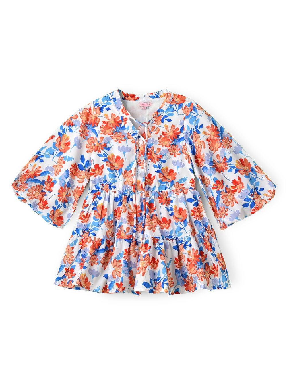 Girls Floral Tiered Ruffle Long Sleeve Dress - Image 1