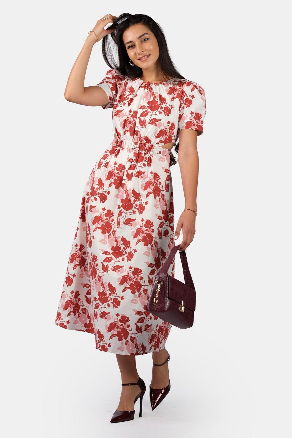 Cotton A-Line Midi Dress with Cut-Out Waist - Image 1