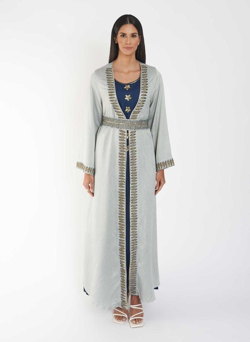 Grey Jacket Jalabiya with Blue Inner - Image 1