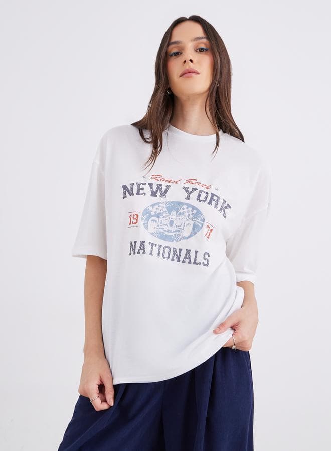 Women Off White Graphic Print Oversized Short Sleeve T-Shirt - Image 1