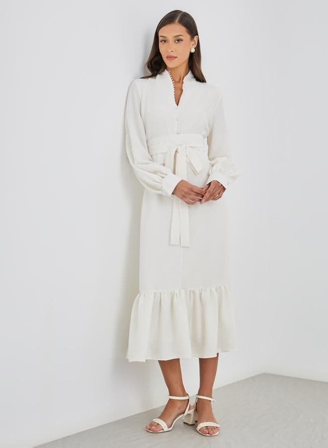 White Plain Belted A-Line Midi Dress for Women - Image 1