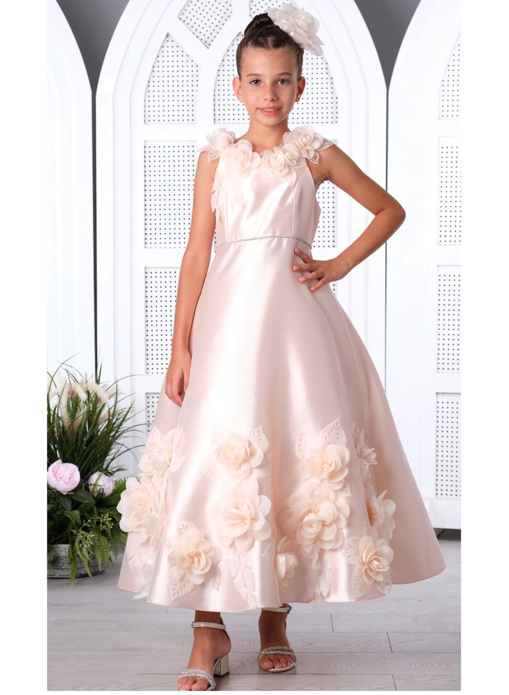 Floral Appliqued Light Pink Satin Gown Dress - Image 1