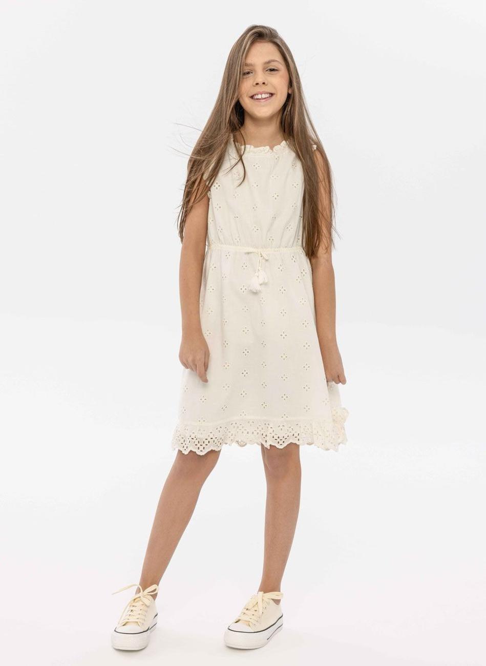 Girls Cream Broderie Anglaise Dress with Frilled Details - Image 1