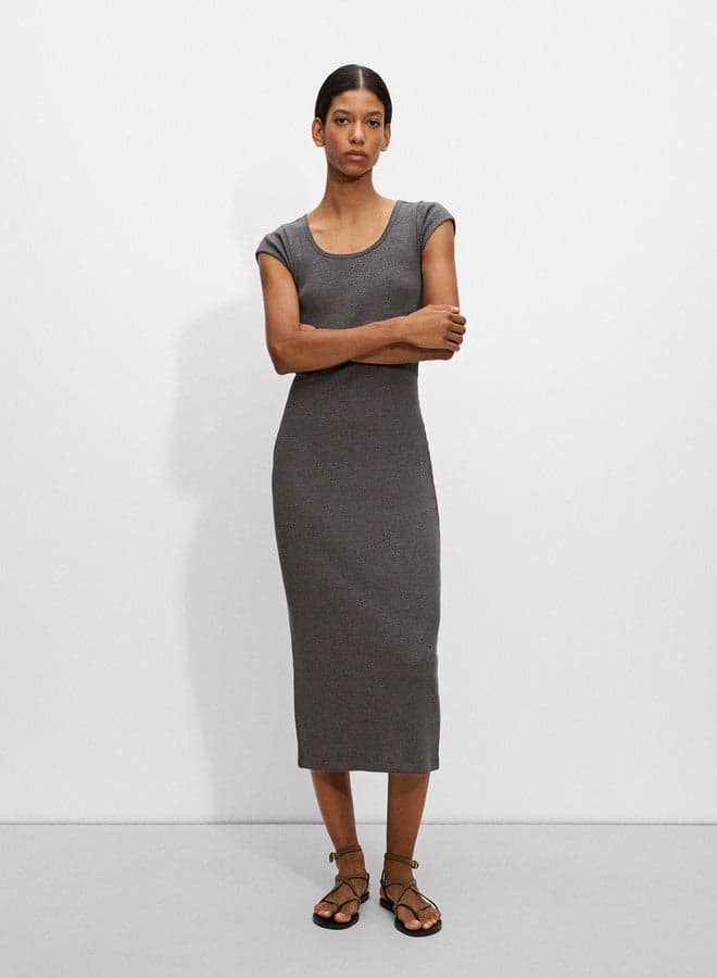 Grey Ribbed Knit Midi Dress - Image 1