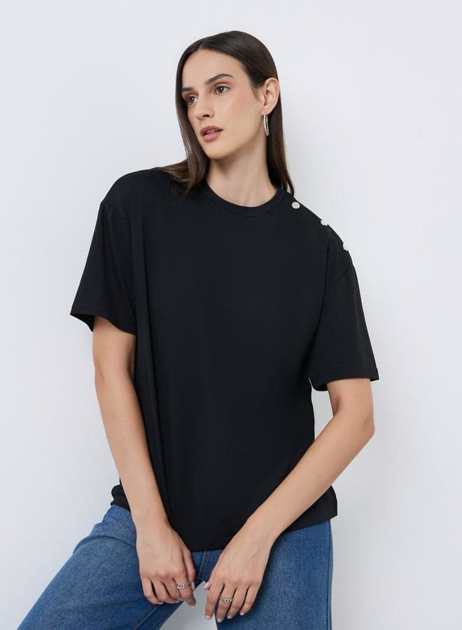 Black Oversized T-Shirt with Button Detail - Image 1