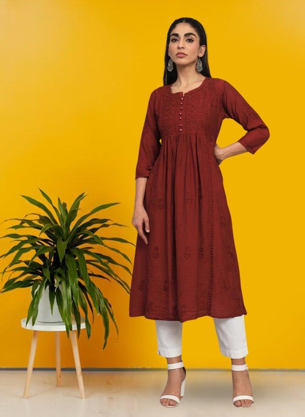 Hand Embroidered Floral Pleated Chikankari Kurta AL3608 - Image 1