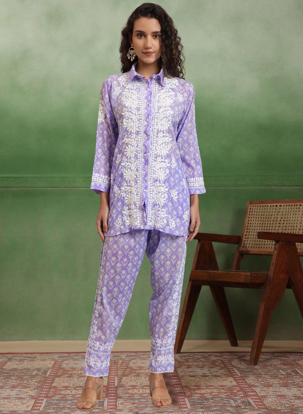 Hand Embroidered Chikankari Mulmul Cotton Co-Ord Set AL4054 - Image 1
