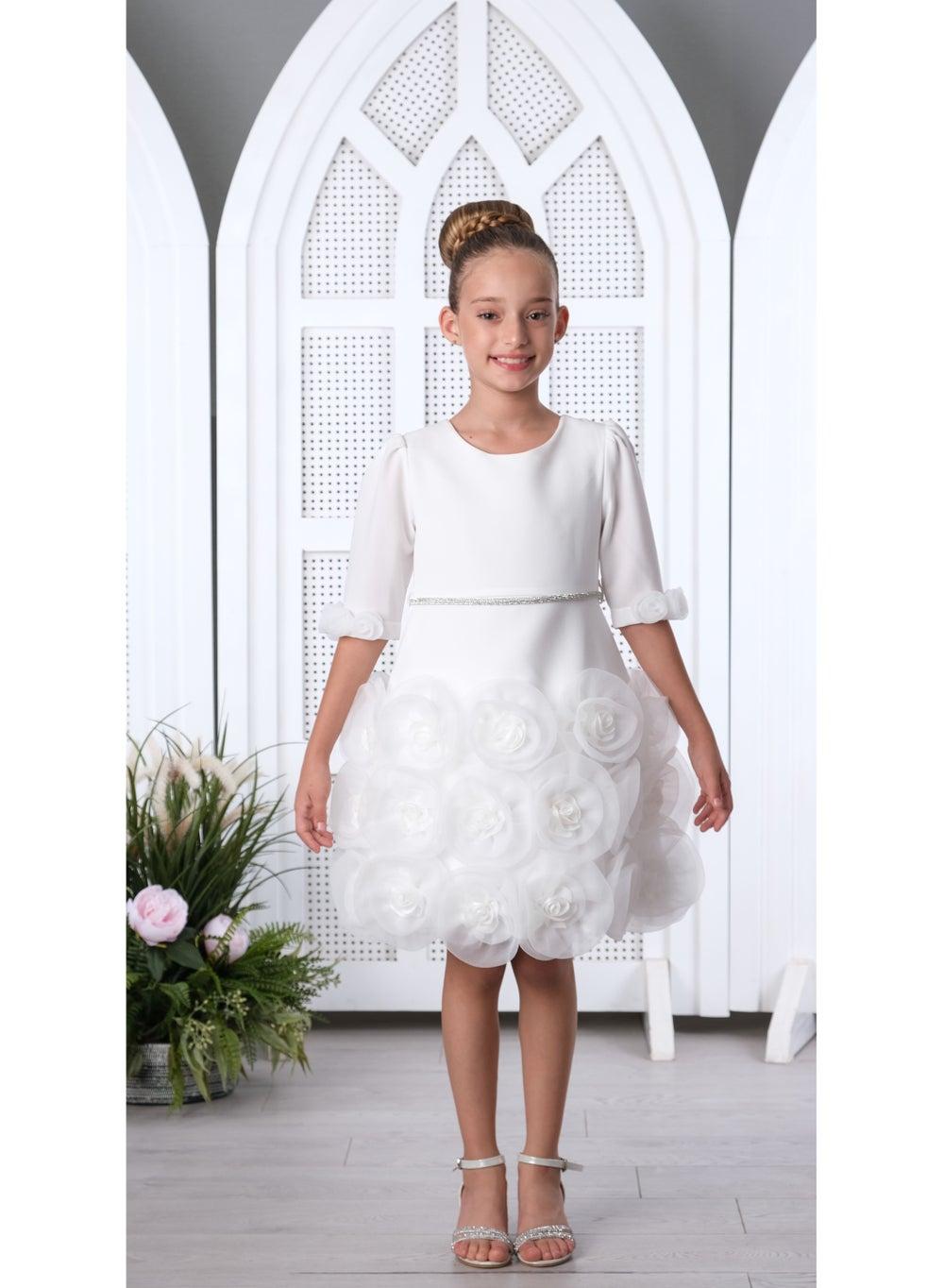 Floral Appliqué White Girls Dress with Belt Detail - Image 1