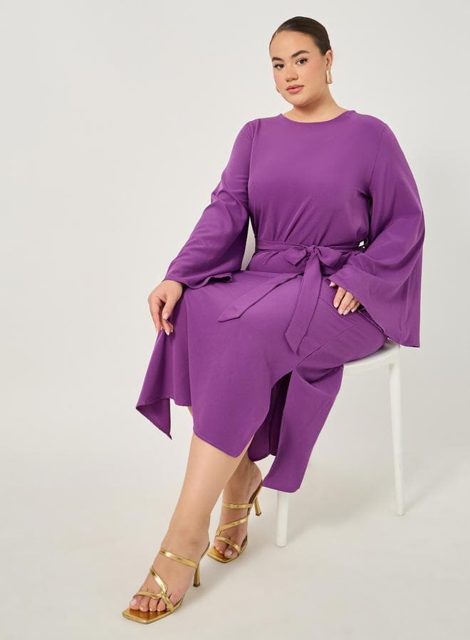Plus Size Tie-Belt Shift Maxi Dress with Side Slit - Image 1