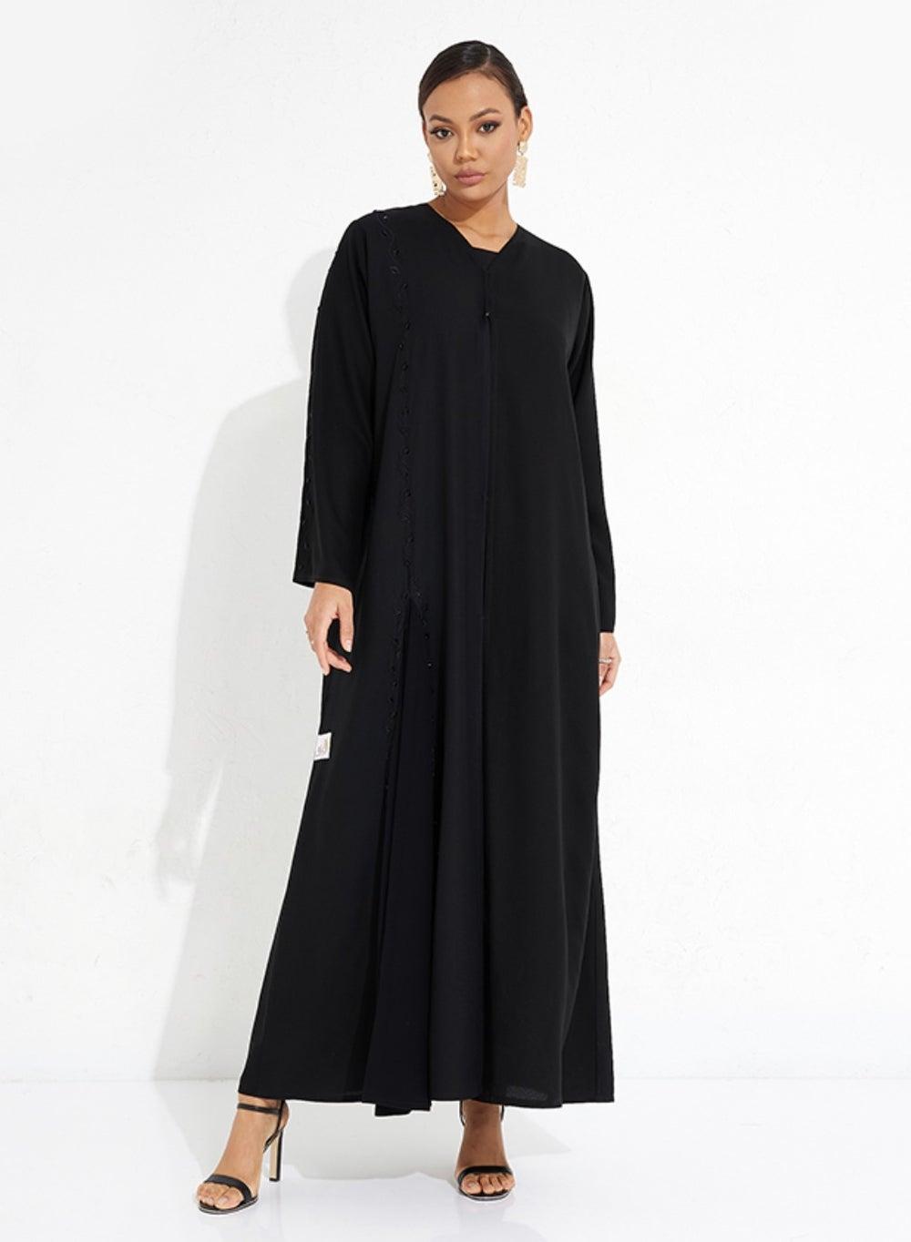 Stylish Black Abaya with Classic Embroidery and Black Stones - Image 1