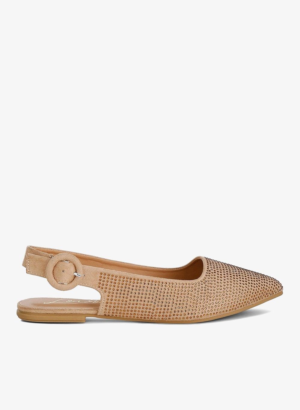 Beige Rhinestone Embellished Slingback Flat Mules - Image 1