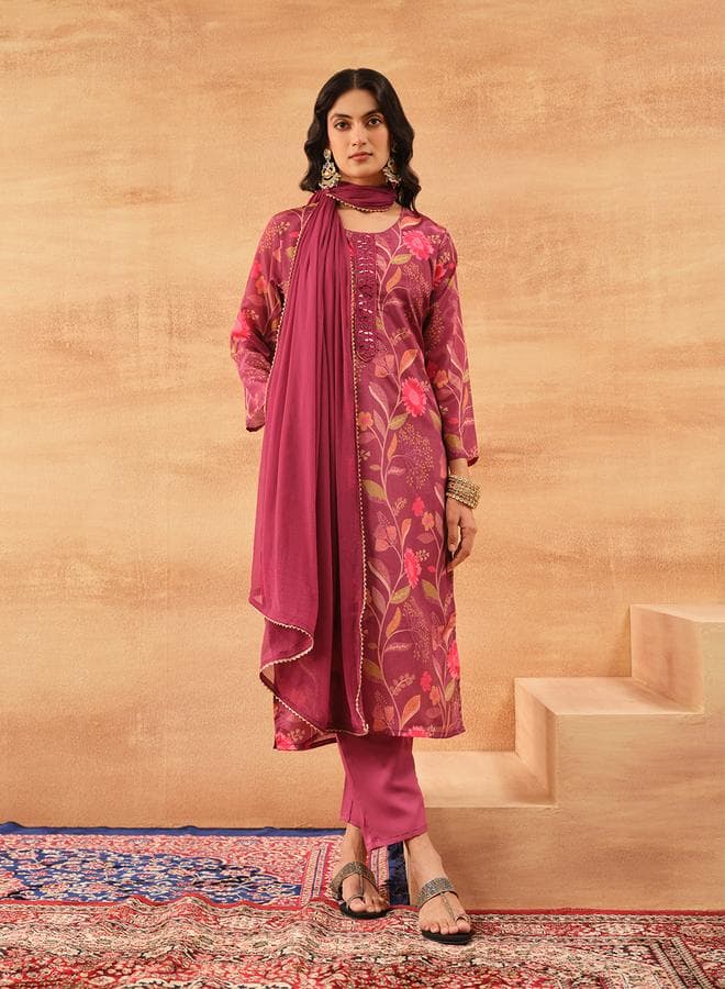 Women’s Purple Chinon Printed 3-Piece Kurta Set - Image 1