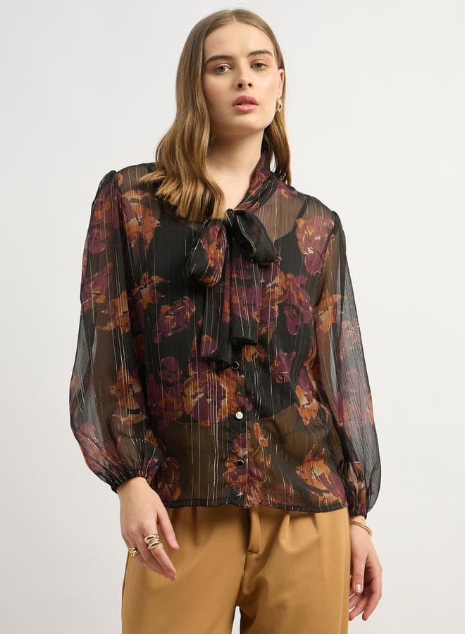 Styli Printed Balloon Sleeve Tie-Up Neck Blouse - Image 1