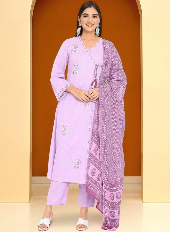 Lilac Cotton Embroidered Tunic Palazzo Kurta Set - Image 1