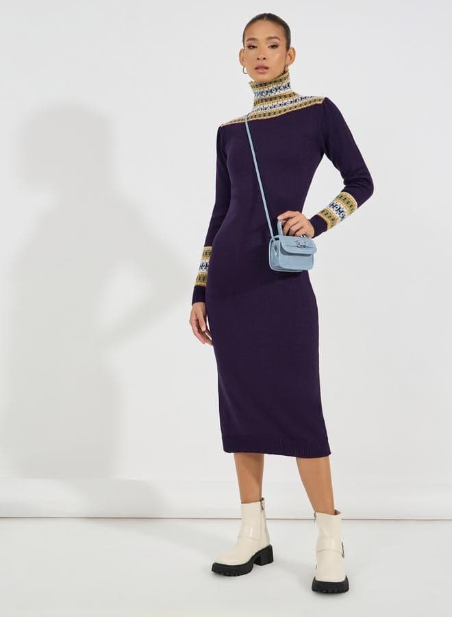 Fair Isle Dark Purple Knit Midi Dress - Image 1