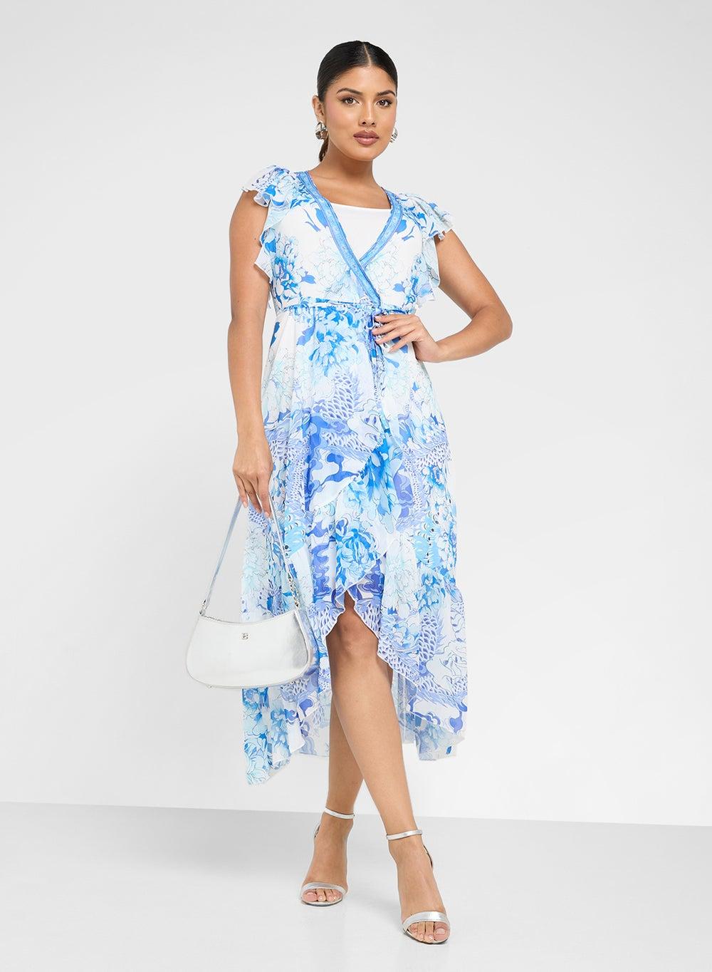 Blue Floral Chiffon Wrap Midi Dress - Image 1