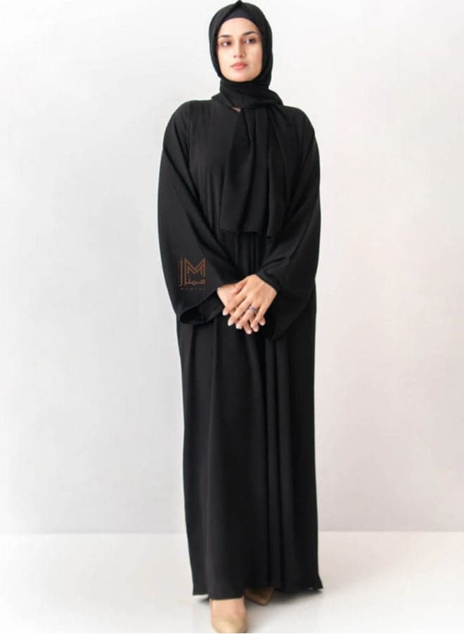Black Textured Front Open Abaya With Buttons - Image 1