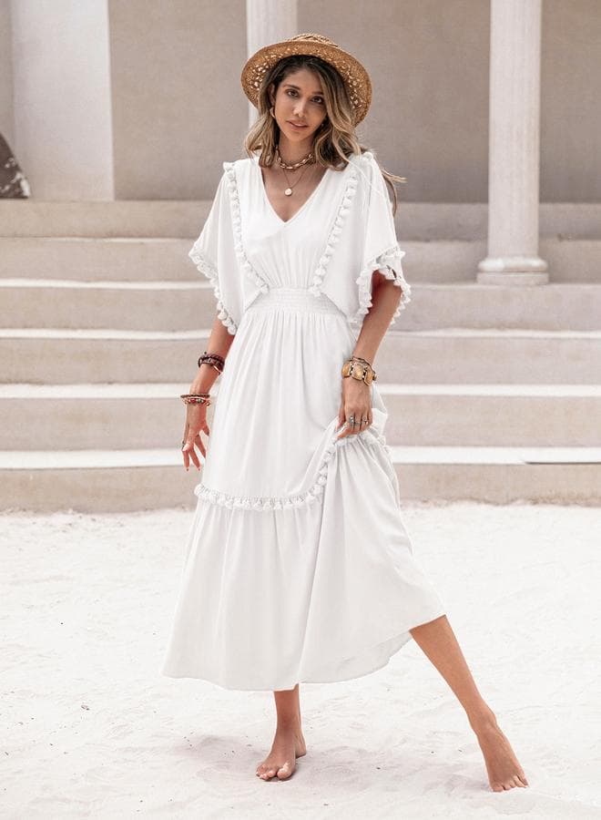 Take Two Tassel Detail V-Neck A-Line Midi Dress - Image 1