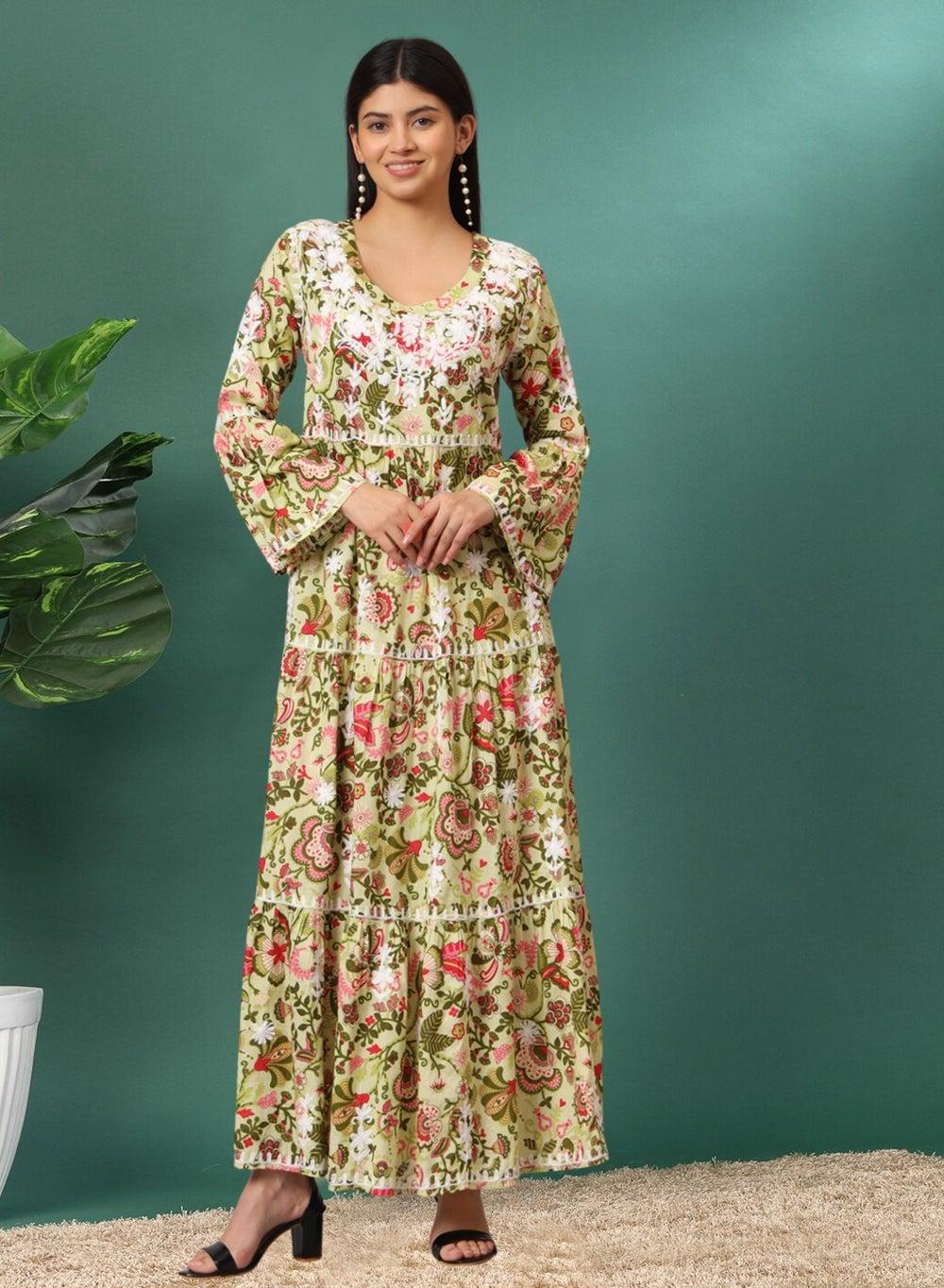 Hand Embroidered Chikankari Mulmul Cotton A-Line Jalabiya AL3673 - Image 1