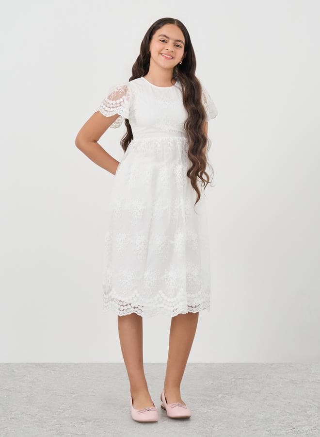Lace Puff Sleeve Midi Dress for Girls - Image 1