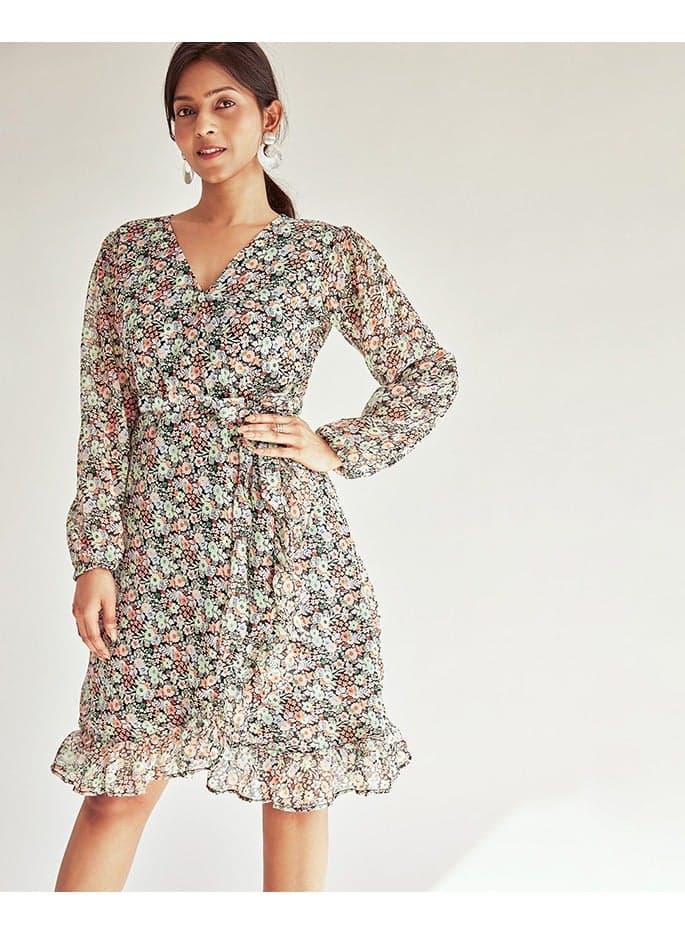 Floral Wrap Mini Dress with Long Sleeves - Image 1