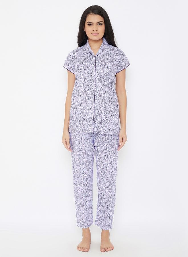 Clovia Cotton Button-Down Shirt & Multicolor Pyjama Set - Image 1