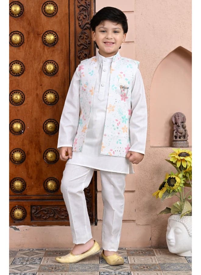 Boys Multicolor Cotton Blend Kurta Pajama Set with Shrug - Image 1