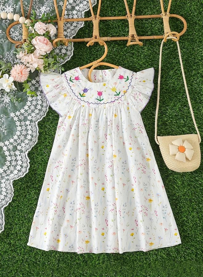Girls Embroidery Round Neck A-Line Dress - Image 1