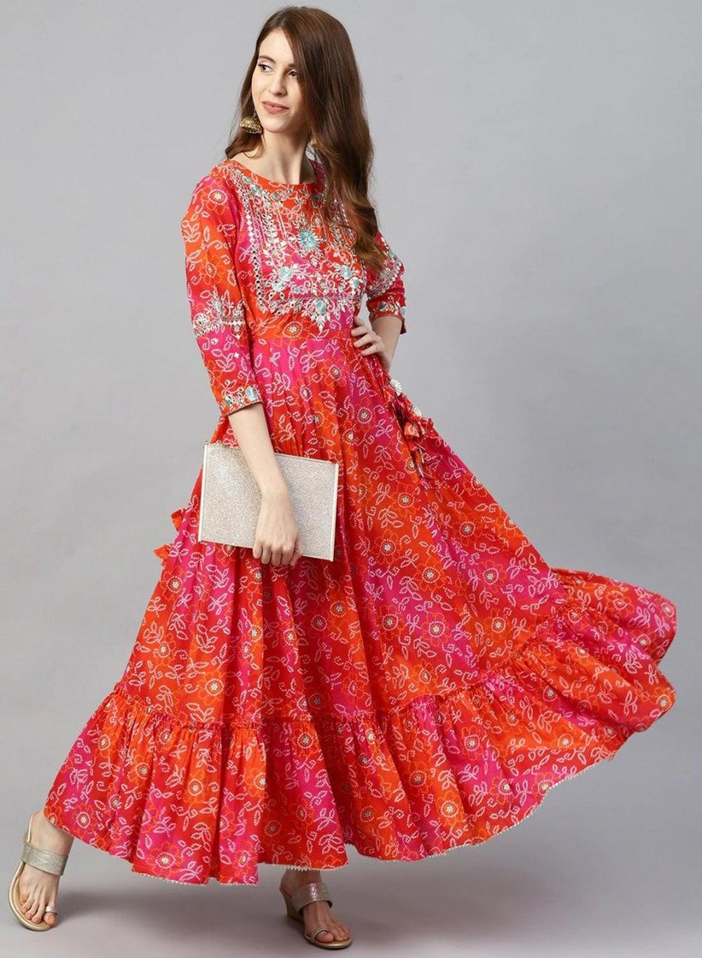 Women’s Red 100% Cotton Self Design A-Line Kurta - Image 1