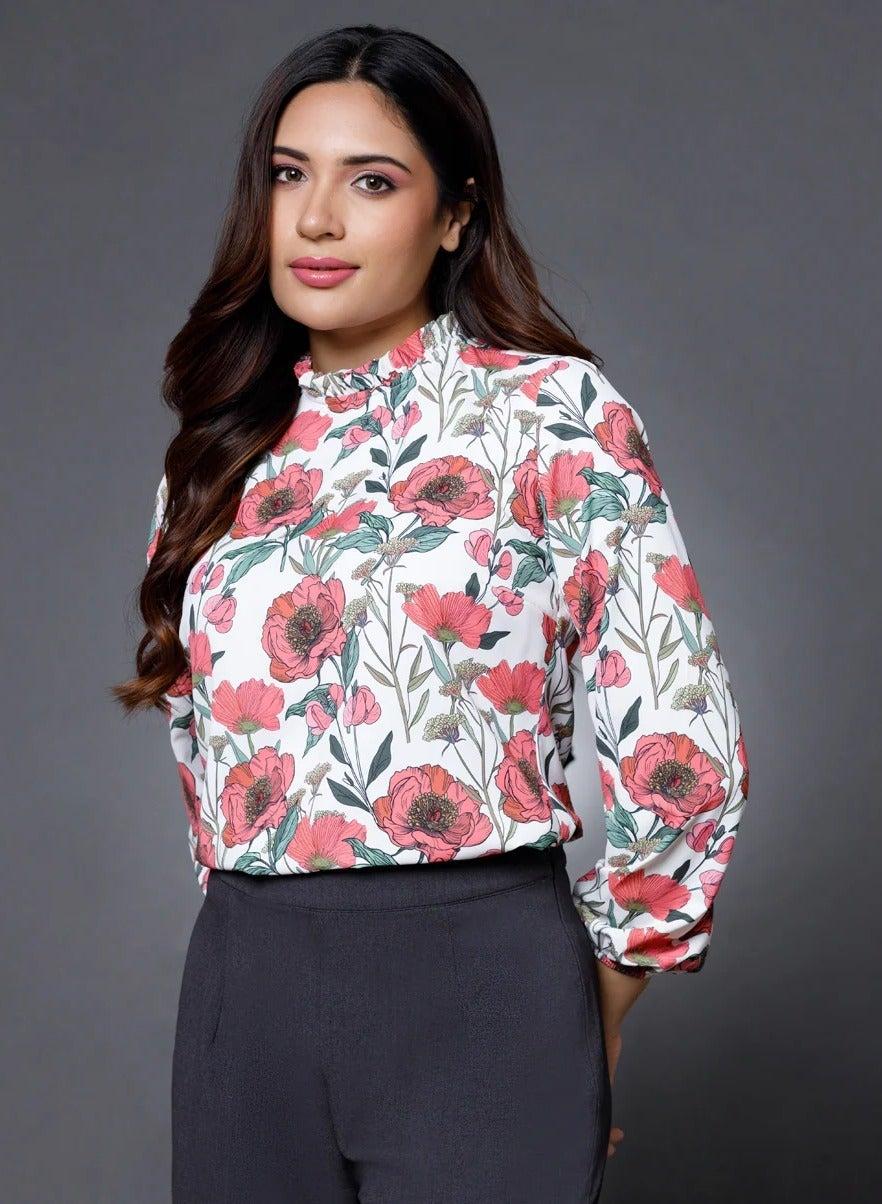 Long Sleeve Satin Printed Formal Tunic Top - Image 1