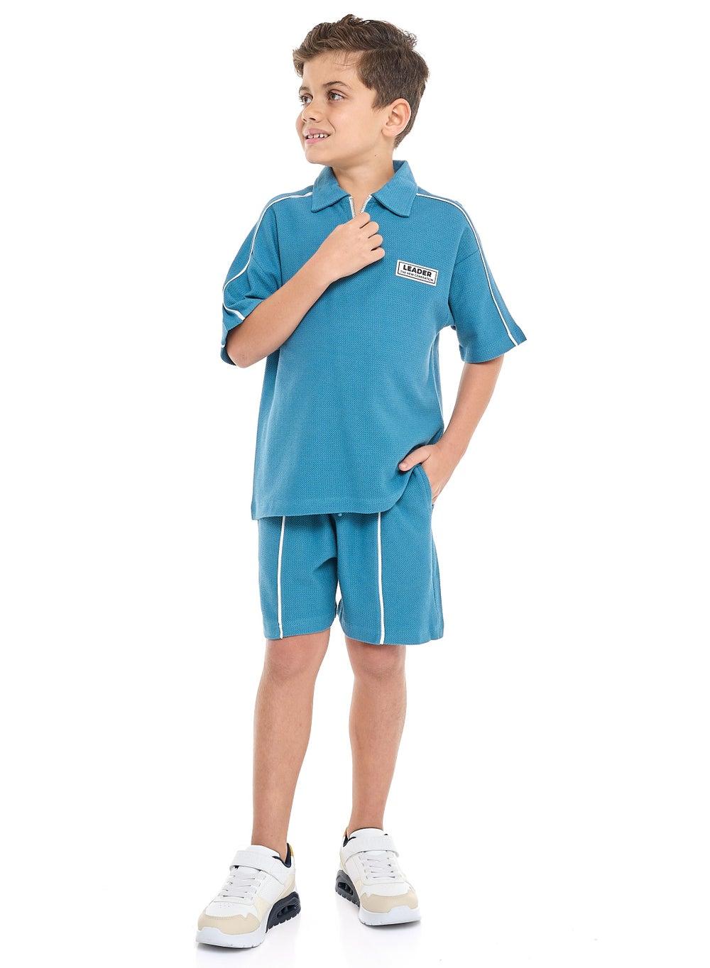 Boys' Teal Jacquard 2-Piece Set with Half-Zip Polo - Image 1