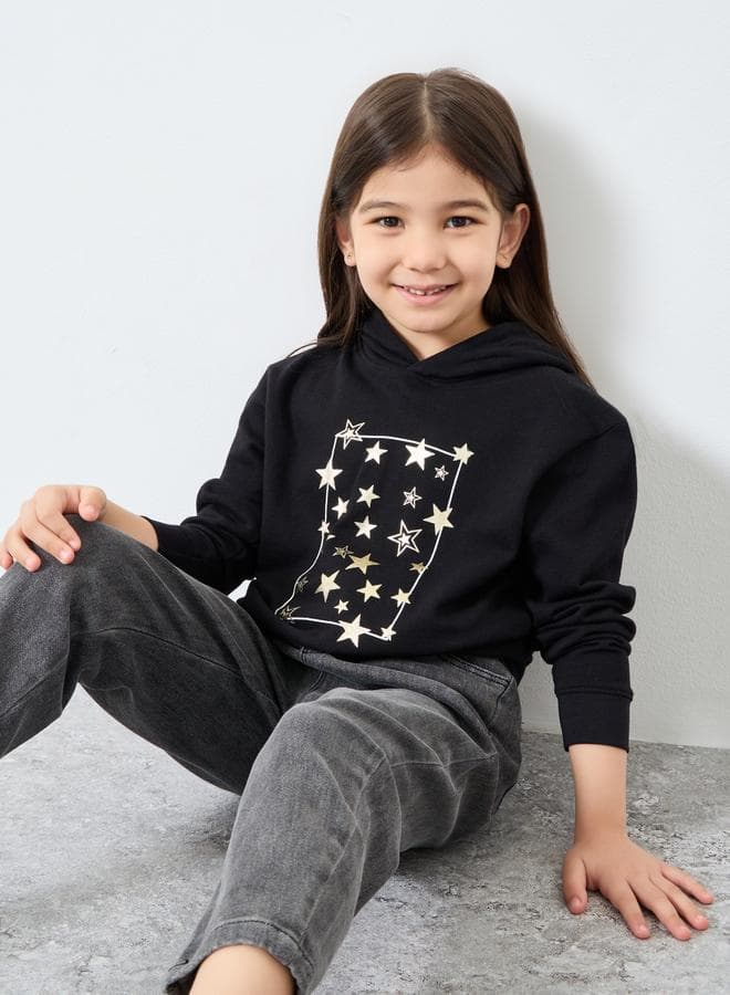 Styli Girls Black Star Graphic Cotton Hoodie - Image 1